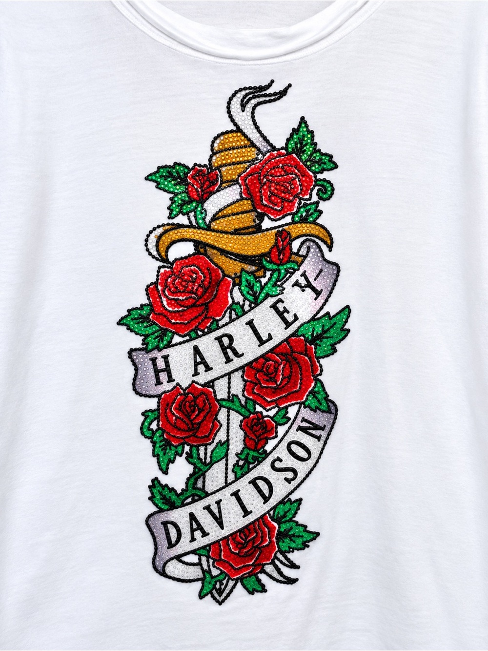 Harley-Davidson HD Women’s XL White Dagger Roses Rhinestone Graphic Tee